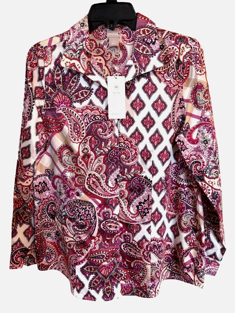 Chico’s No Iron 100% Cotton Paisley Button Front Shirt Size 0 S Pink Red NWT